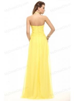 Empire Light Yellow Halter Top High Slit Beading Chiffon Prom Dress