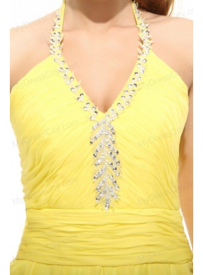 Empire Light Yellow Halter Top High Slit Beading Chiffon Prom Dress