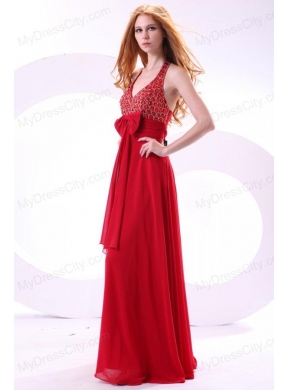 Empire Wine Red Halter Top Beading Bow Chiffon Prom Dress