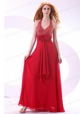 Empire Wine Red Halter Top Beading Bow Chiffon Prom Dress