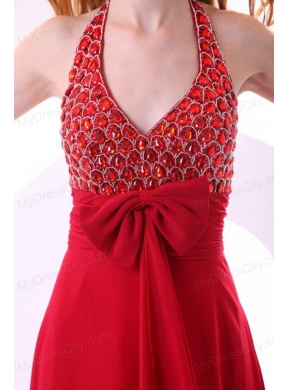 Empire Wine Red Halter Top Beading Bow Chiffon Prom Dress