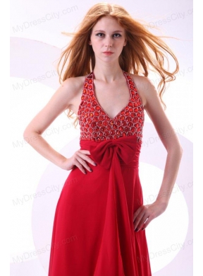 Empire Wine Red Halter Top Beading Bow Chiffon Prom Dress