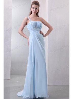 Light Blue One Shoulder Empire Chiffon Prom Dress with Appliques