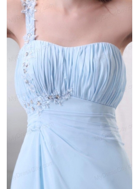 Light Blue One Shoulder Empire Chiffon Prom Dress with Appliques