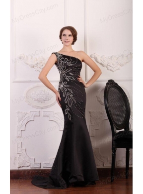 Mermaid One Shoulder Black Beading Taffeta Prom Dress