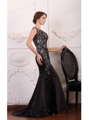 Mermaid One Shoulder Black Beading Taffeta Prom Dress