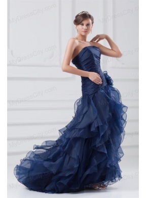 Navy Blue Strapless A-line Ruffles High-low Organza Prom Dress