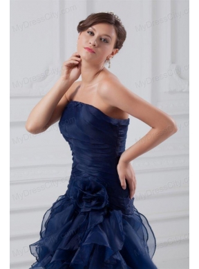 Navy Blue Strapless A-line Ruffles High-low Organza Prom Dress