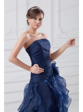 Navy Blue Strapless A-line Ruffles High-low Organza Prom Dress