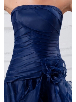 Navy Blue Strapless A-line Ruffles High-low Organza Prom Dress