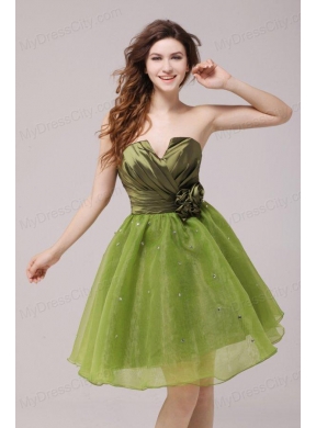 Olive Green V-neck Ruching and Hand Made Flower Prom Dress