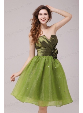 Olive Green V-neck Ruching and Hand Made Flower Prom Dress