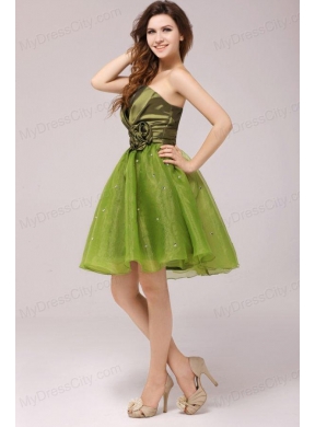 Olive Green V-neck Ruching and Hand Made Flower Prom Dress