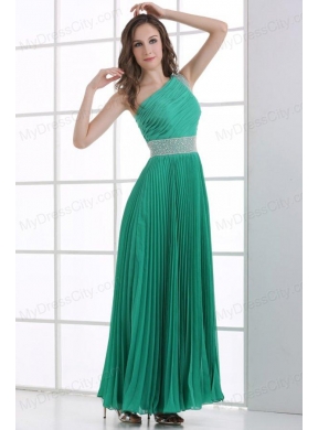 One Shoulder Green Empire Ankle-length Beading and Pleats Prom Dress