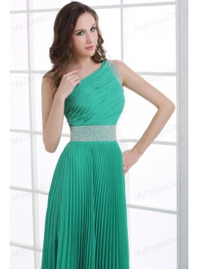 One Shoulder Green Empire Ankle-length Beading and Pleats Prom Dress