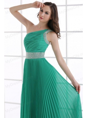 One Shoulder Green Empire Ankle-length Beading and Pleats Prom Dress