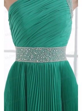 One Shoulder Green Empire Ankle-length Beading and Pleats Prom Dress