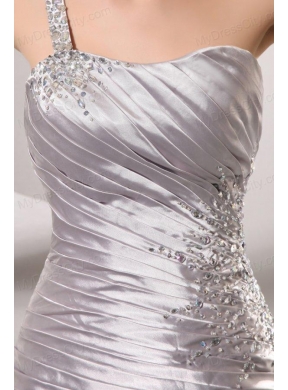 One Shoulder Silver Prom Dress with Beading and Ruching