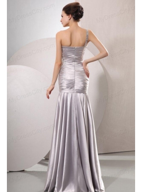 One Shoulder Silver Prom Dress with Beading and Ruching