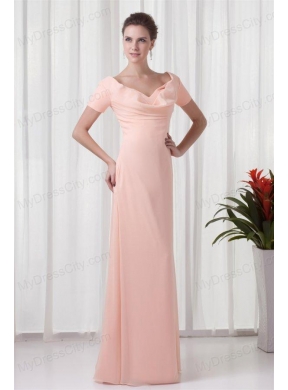 Pink Column V-neck Short Sleeves Ruching Chiffon Prom Dress