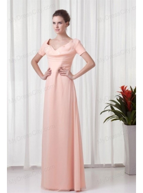 Pink Column V-neck Short Sleeves Ruching Chiffon Prom Dress