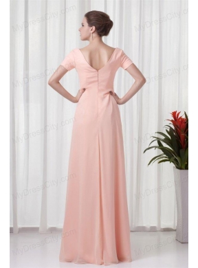 Pink Column V-neck Short Sleeves Ruching Chiffon Prom Dress