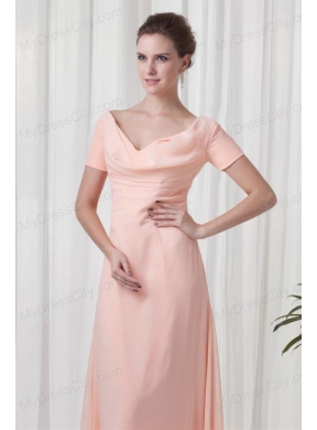 Pink Column V-neck Short Sleeves Ruching Chiffon Prom Dress