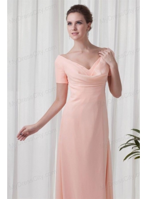 Pink Column V-neck Short Sleeves Ruching Chiffon Prom Dress