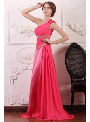 Pink Empire One Shoulder Flowers Beaded Prom Dress with Brush Train