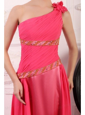 Pink Empire One Shoulder Flowers Beaded Prom Dress with Brush Train