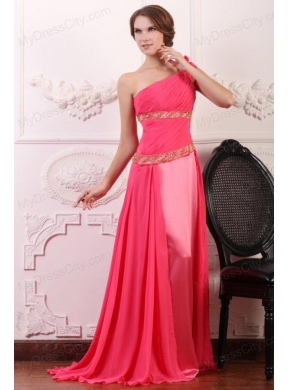 Pink Empire One Shoulder Flowers Beaded Prom Dress with Brush Train