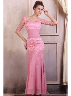 Rose Pink Square Appliques Column Chiffon Half Sleeves Prom Dress