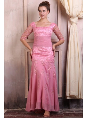 Rose Pink Square Appliques Column Chiffon Half Sleeves Prom Dress