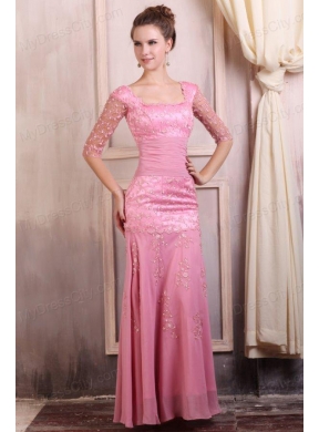 Rose Pink Square Appliques Column Chiffon Half Sleeves Prom Dress