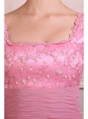 Rose Pink Square Appliques Column Chiffon Half Sleeves Prom Dress