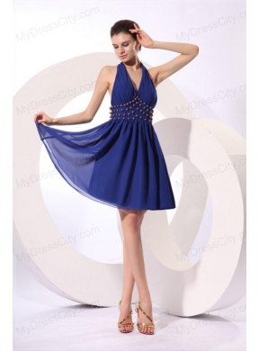 Royal Blue Halter Top Knee-length Prom Dress with Beading