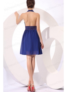 Royal Blue Halter Top Knee-length Prom Dress with Beading