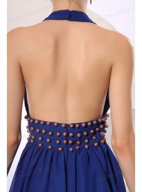 Royal Blue Halter Top Knee-length Prom Dress with Beading