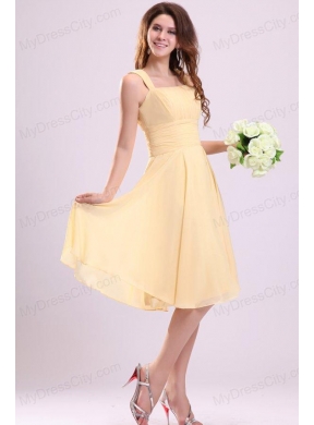 Simple Yellow Bridesmaid Dress with A-line Straps Tea-length