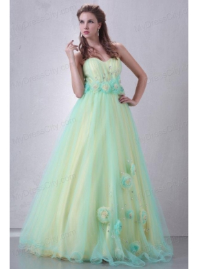 Sweetheart Yellow and Blue A-line Hand Made Flowers and Beading Prom Dress