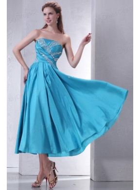 Teal Empire Strapless Tea-length Prom Dress with Beading