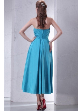 Teal Empire Strapless Tea-length Prom Dress with Beading