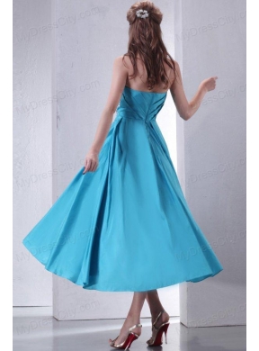 Teal Empire Strapless Tea-length Prom Dress with Beading