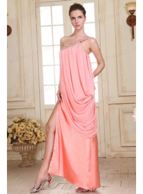 Watermelon Red Column One Shoulder Prom Dress with Beading