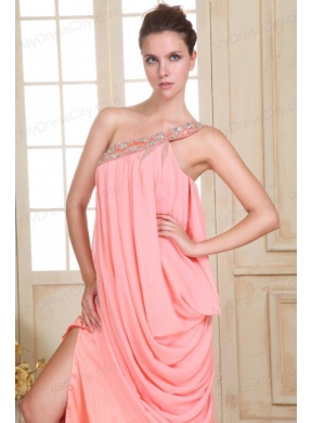 Watermelon Red Column One Shoulder Prom Dress with Beading