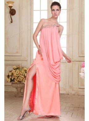 Watermelon Red Column One Shoulder Prom Dress with Beading