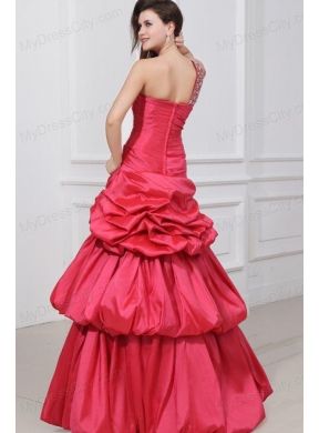 A-line Beaded Decorate One Shoulder Floor-length Prom Dress in Coral Red