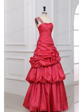 A-line Beaded Decorate One Shoulder Floor-length Prom Dress in Coral Red