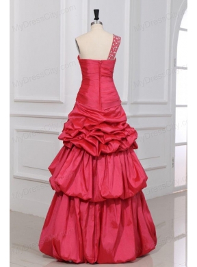 A-line Beaded Decorate One Shoulder Floor-length Prom Dress in Coral Red