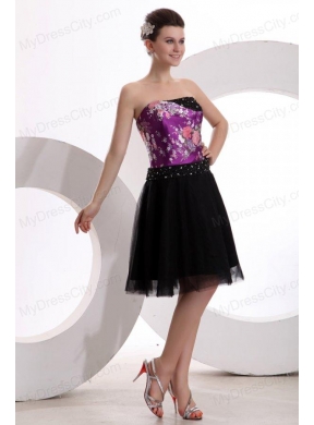 A-line Black and Purple Appliques Beading Tulle Strapless Prom Dress